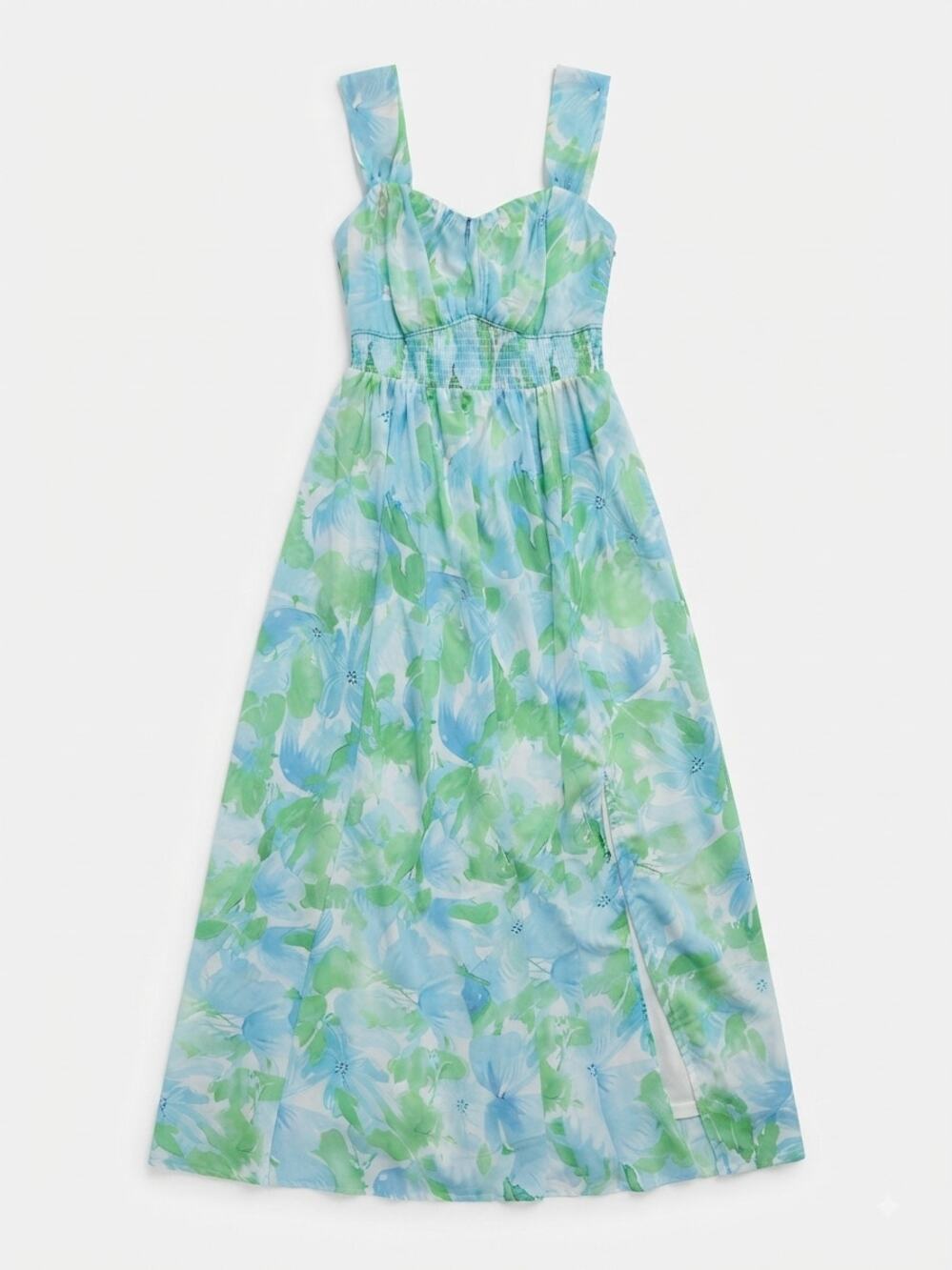 Grace Karin Women Midi Dress Medium Blue Green Floral Smocked Slit Cottagecore